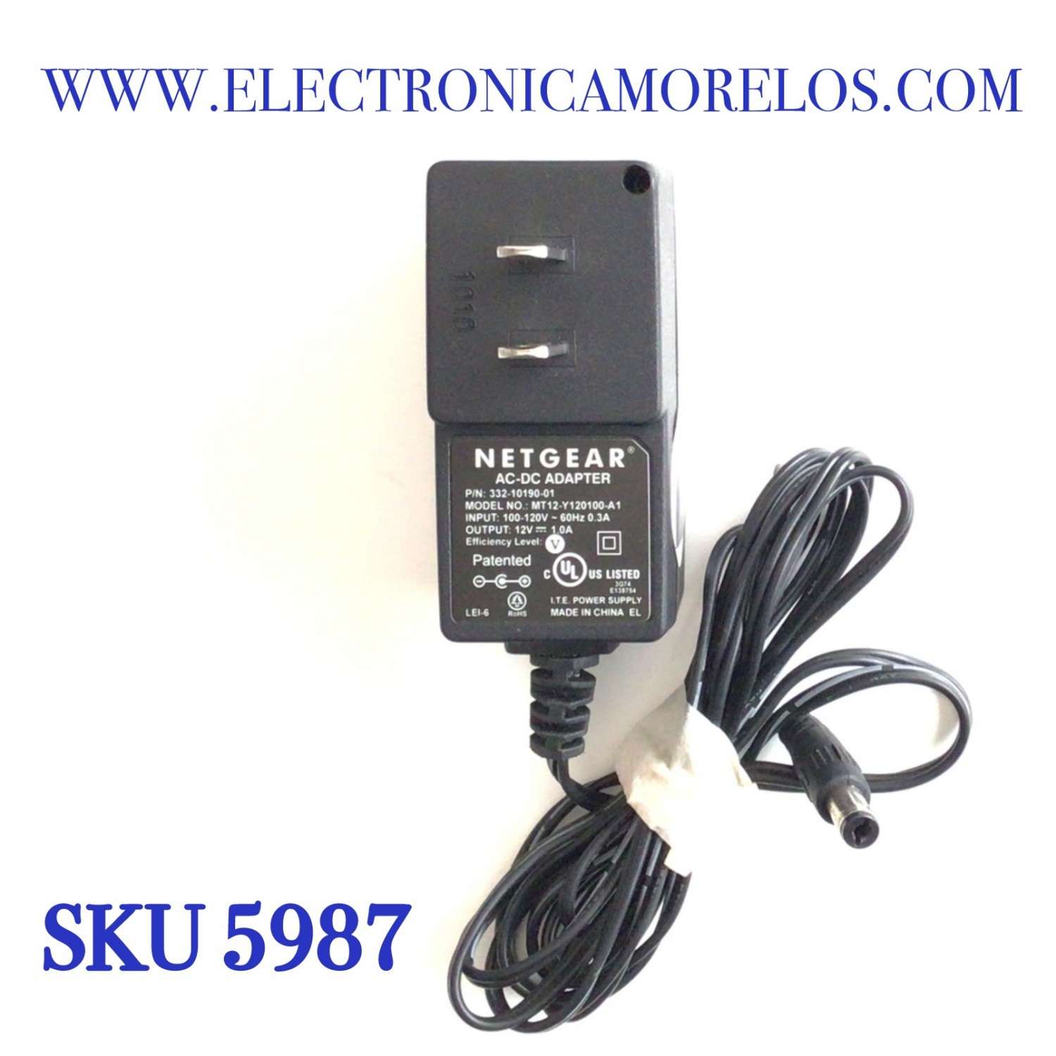CARGADOR / ADAPTADOR DE FUENTE DE ALIMENTACION AC-DC NETGEAR / NUMERO DE PARTE 332-10190-01 / ENTRADA VCA 100-120V~ 60HZ 0.3A  / SALIDA VCD 12V 1.0A / MODELO MT12-Y120100-A1